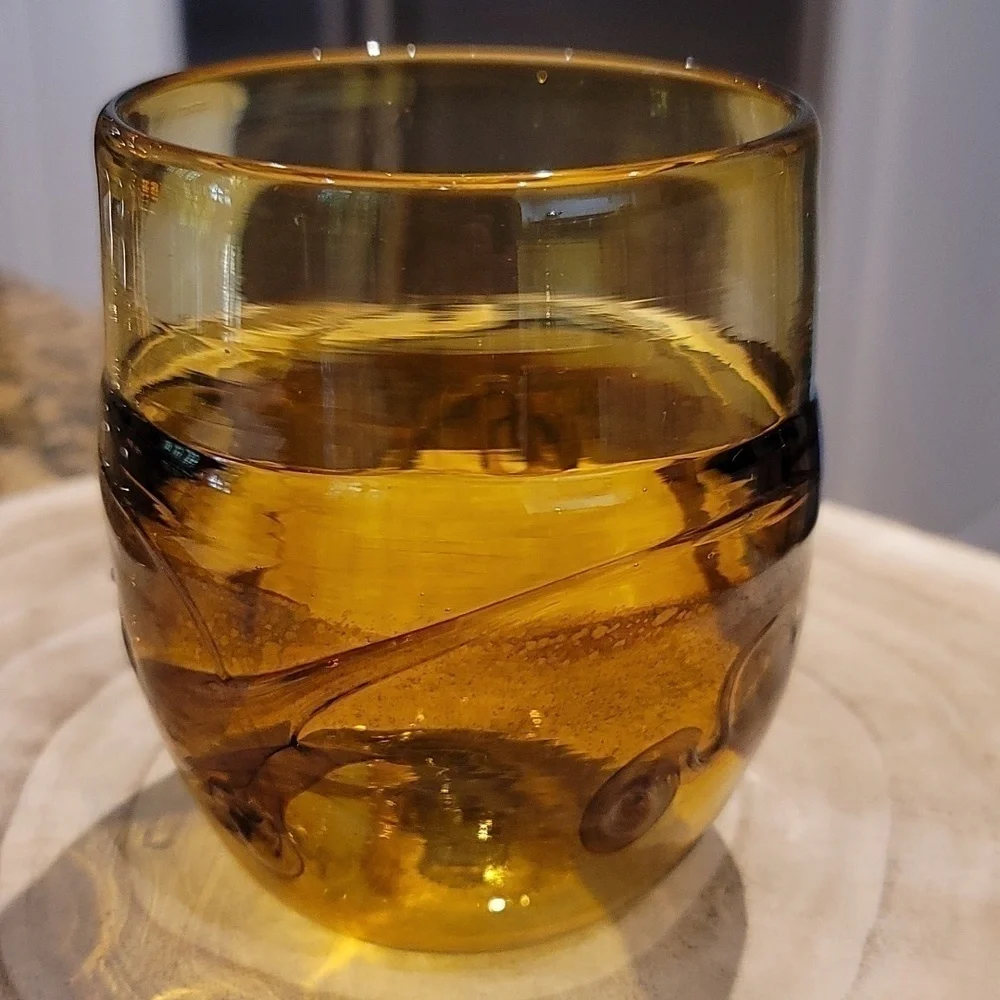 Federick Warren Signed Vintage Amber Handblown Art Glass Swirl Tumblers 1987